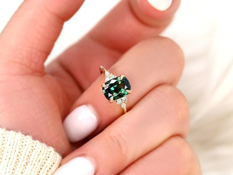 2.93ct Ready to Ship Petite Tinsley 14kt Gold Peacock Teal Sapphire Diamond Cushion Cluster Ring - Rosados Box