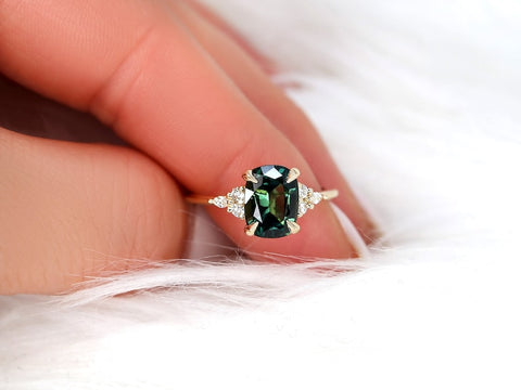 2.93ct Ready to Ship Petite Tinsley 14kt Gold Peacock Teal Sapphire Diamond Cushion Cluster Ring - Rosados Box