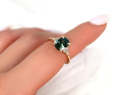 2.93ct Ready to Ship Petite Tinsley 14kt Gold Peacock Teal Sapphire Diamond Cushion Cluster Ring - Rosados Box