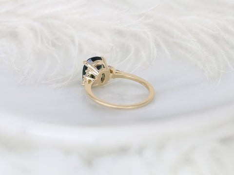 2.93ct Ready to Ship Petite Tinsley 14kt Gold Peacock Teal Sapphire Diamond Cushion Cluster Ring - Rosados Box