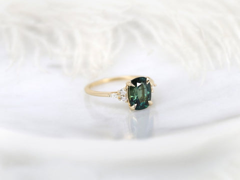 2.93ct Ready to Ship Petite Tinsley 14kt Gold Peacock Teal Sapphire Diamond Cushion Cluster Ring - Rosados Box