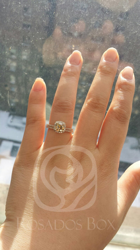 1ct Ready to Ship Samina 14kt Rose Gold Honey Champagne Cognac Diamond Dainty Micropave Cushion Halo Bridal Set - Rosados Box