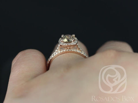 1ct Ready to Ship Samina 14kt Rose Gold Honey Champagne Cognac Diamond Dainty Micropave Cushion Halo Bridal Set - Rosados Box