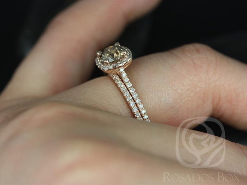 1ct Ready to Ship Samina 14kt Rose Gold Honey Champagne Cognac Diamond Dainty Micropave Cushion Halo Bridal Set - Rosados Box