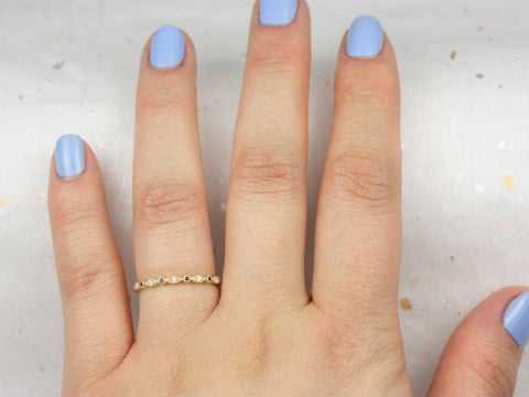 Gwen 14kt YELLOW Gold Dainty Rainbow Scalloped Vintage WITH Milgrain Black Sapphire Diamond HALFWAY Eternity Ring