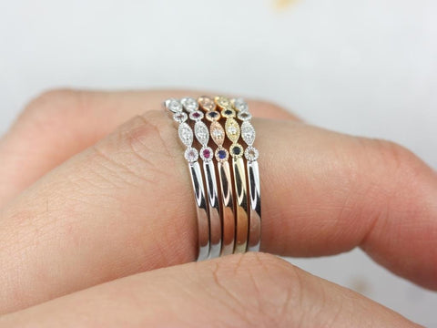 Gwen 14kt WHITE Gold Dainty Rainbow Scalloped Vintage WITH Milgrain Pink Sapphire Diamond HALFWAY Eternity Ring