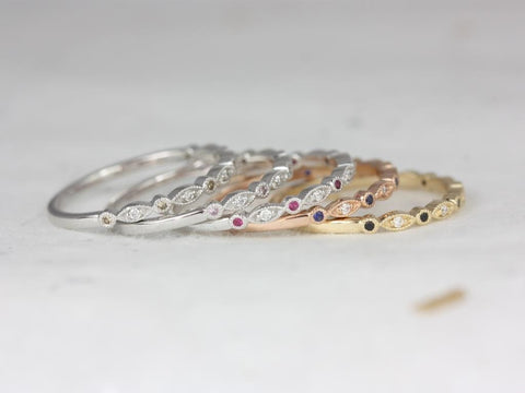 Gwen 14kt ROSE Gold Dainty Rainbow Scalloped Vintage WITH Milgrain Blue Sapphire Diamond HALFWAY Eternity Ring