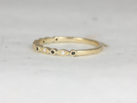 Gwen 14kt YELLOW Gold Dainty Rainbow Scalloped Vintage WITH Milgrain Black Sapphire Diamond HALFWAY Eternity Ring