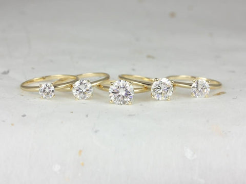 Ready to Ship VALUE 6.5mm Round Moissanite Charles Colvard Thin Skinny Solitaire Engagement Ring,14kt Solid Yellow Gold,Value Mtg