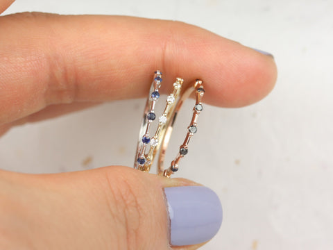 Boney 14kt Solid Rose Gold Black Petite Diamond Single Prong Floating Dainty Thin HALFWAY Eternity Distance Band Ring