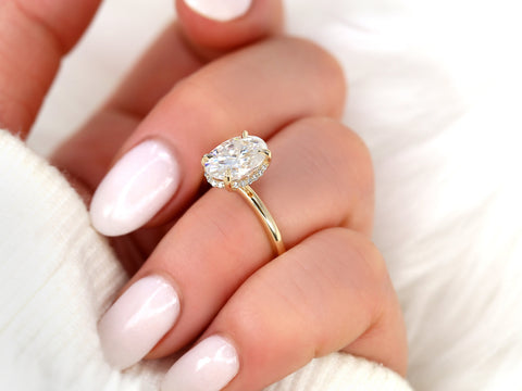 Ready to Ship Waverly 10x7mm 14kt Yellow Gold Moissanite Diamond Unique Hidden Halo Engagement Ring,Scarf Halo,Secret Halo Ring