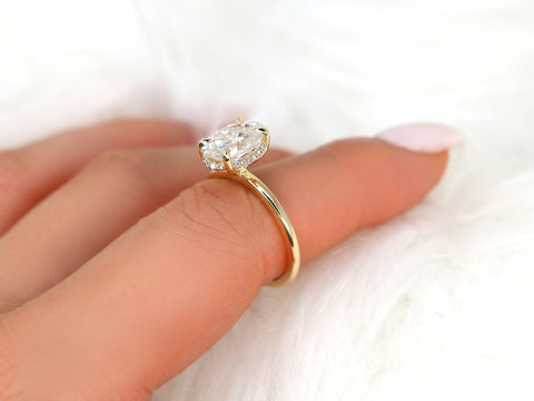 Ready to Ship Waverly 10x7mm 14kt Yellow Gold Moissanite Diamond Unique Hidden Halo Engagement Ring,Scarf Halo,Secret Halo Ring