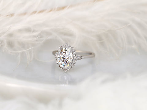 2ct Mae 9x7mm 14kt WITH Milgrain Moissanite Diamond Oval Halo Ring,Art Deco Ring,Unique Halo Ring,Anniversary Ring,Oval Engagement Ring