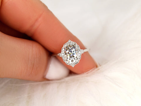 2ct Mae 9x7mm 14kt WITH Milgrain Moissanite Diamond Oval Halo Ring,Art Deco Ring,Unique Halo Ring,Anniversary Ring,Oval Engagement Ring