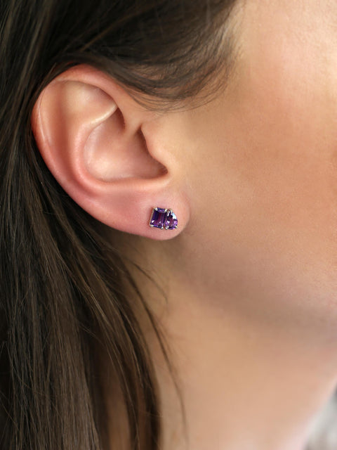 Ready to Ship Gemini SILVER Amethyst Toi Et Moi Earrings,Cluster Earrings,February Birthstone Jewelry,Two Stone Earrings,Amethyst Studs