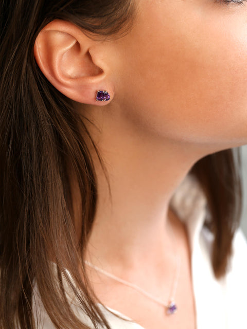 Ready to Ship Gemini SILVER Amethyst Toi Et Moi Earrings,Cluster Earrings,February Birthstone Jewelry,Two Stone Earrings,Amethyst Studs