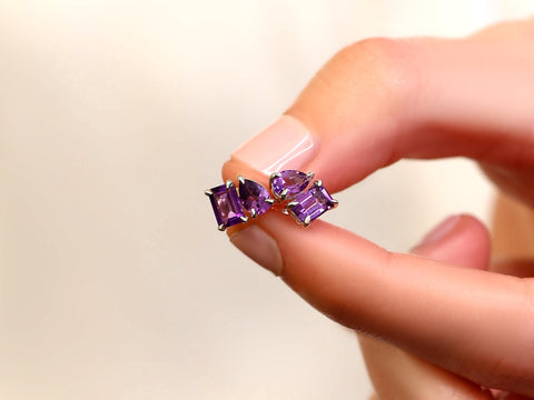 Ready to Ship Gemini SILVER Amethyst Toi Et Moi Earrings,Cluster Earrings,February Birthstone Jewelry,Two Stone Earrings,Amethyst Studs