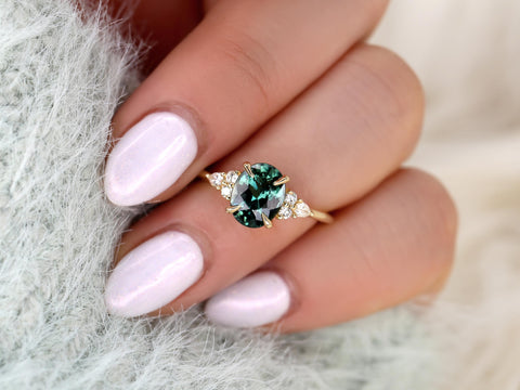 2.14ct Cinderella 14kt Gold Peacock Teal Sapphire Diamond Oval Cluster Ring,Sapphire Engagement Ring,Anniversary Ring,Unique Sapphire Ring