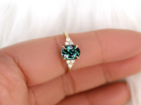 2.14ct Cinderella 14kt Gold Peacock Teal Sapphire Diamond Oval Cluster Ring,Sapphire Engagement Ring,Anniversary Ring,Unique Sapphire Ring