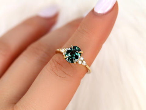2.14ct Cinderella 14kt Gold Peacock Teal Sapphire Diamond Oval Cluster Ring,Sapphire Engagement Ring,Anniversary Ring,Unique Sapphire Ring