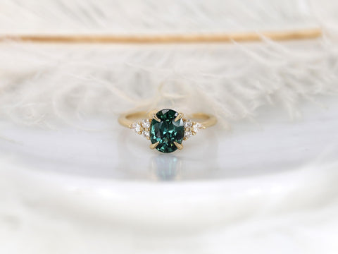 2.14ct Cinderella 14kt Gold Peacock Teal Sapphire Diamond Oval Cluster Ring,Sapphire Engagement Ring,Anniversary Ring,Unique Sapphire Ring