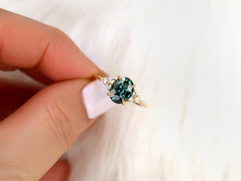 2.14ct Cinderella 14kt Gold Peacock Teal Sapphire Diamond Oval Cluster Ring,Sapphire Engagement Ring,Anniversary Ring,Unique Sapphire Ring