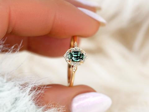 0.57ct Mae 14kt Teal Sapphire Oval Halo Ring,Oval Engagement ring,Unique Sapphire Ring,Gift For Her,September Birthstone,Anniversary Ring