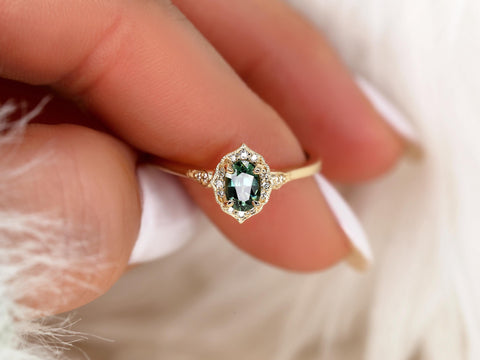 0.57ct Mae 14kt Teal Sapphire Oval Halo Ring,Oval Engagement ring,Unique Sapphire Ring,Gift For Her,September Birthstone,Anniversary Ring