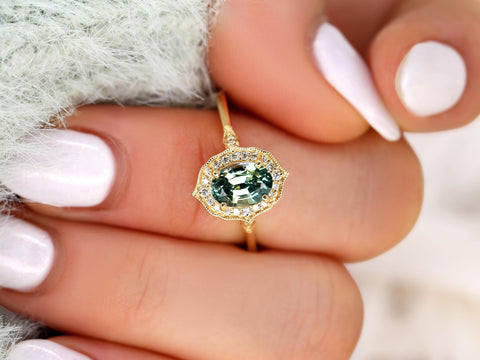 1.49ct Mae 14kt Teal Sapphire Oval Halo Ring,Oval Engagement ring,Unique Sapphire Ring,Push Present,September Birthstone,Anniversary Ring
