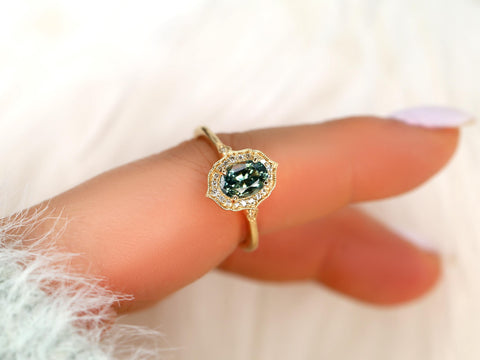 1.49ct Mae 14kt Teal Sapphire Oval Halo Ring,Oval Engagement ring,Unique Sapphire Ring,Push Present,September Birthstone,Anniversary Ring