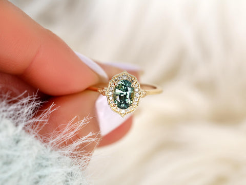 1.49ct Mae 14kt Teal Sapphire Oval Halo Ring,Oval Engagement ring,Unique Sapphire Ring,Push Present,September Birthstone,Anniversary Ring