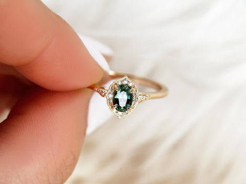 0.57ct Mae 14kt Teal Sapphire Oval Halo Ring,Oval Engagement ring,Unique Sapphire Ring,Gift For Her,September Birthstone,Anniversary Ring