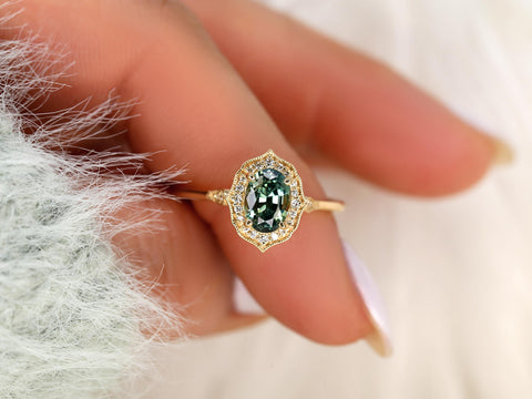 1.49ct Mae 14kt Teal Sapphire Oval Halo Ring,Oval Engagement ring,Unique Sapphire Ring,Push Present,September Birthstone,Anniversary Ring