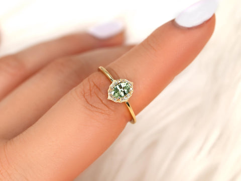 0.64ct Mini Mae 14kt Mint Tea Teal Sapphire Diamond Oval Halo Ring,Unique Sapphire Ring,Sapphire Halo Ring,Green Sapphire Engagement Ring