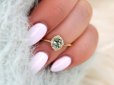 0.64ct Mini Mae 14kt Mint Tea Teal Sapphire Diamond Oval Halo Ring,Unique Sapphire Ring,Sapphire Halo Ring,Green Sapphire Engagement Ring