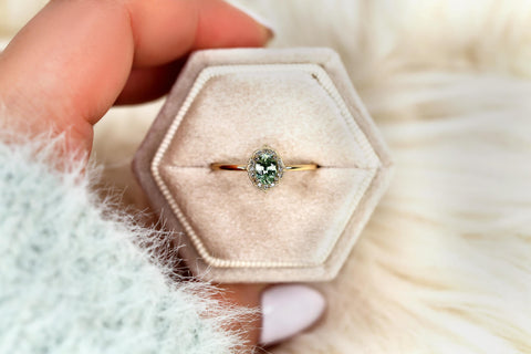 0.64ct Mini Mae 14kt Mint Tea Teal Sapphire Diamond Oval Halo Ring,Unique Sapphire Ring,Sapphire Halo Ring,Green Sapphire Engagement Ring