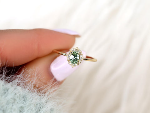 0.64ct Mini Mae 14kt Mint Tea Teal Sapphire Diamond Oval Halo Ring,Unique Sapphire Ring,Sapphire Halo Ring,Green Sapphire Engagement Ring