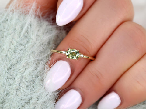 0.60ct Wren 14kt Green Sapphire Ring,Three Stone Sapphire Ring,Green Sapphire Trilogy Ring,Unique Ring,Birthday Gift,Anniversary Ring