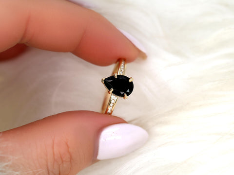 Georgina 9x6mm 14kt Onyx Diamond Pear Hidden Halo Ring,Onyx Hidden Halo Ring,Onyx Engagement Ring,Anniversary Ring,Unique Onyx Ring