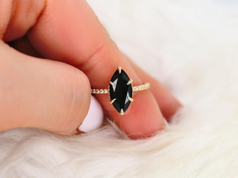 LOW Velma 14x7mm 14kt Onyx Marquise Hidden Halo Ring,Marquise Onyx Ring,Unique Black Engagement Ring,Onyx Wedding Ring,Black Pear Cut Ring