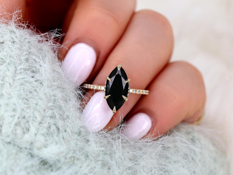 LOW Velma 14x7mm 14kt Onyx Marquise Hidden Halo Ring,Marquise Onyx Ring,Unique Black Engagement Ring,Onyx Wedding Ring,Black Pear Cut Ring