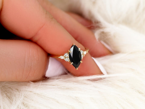 Petite Meadow 12x6mm 14kt Onyx Diamond Marquise Cluster Ring,Unique Marquise Ring,Onyx Engagement Ring,Onyx Wedding Ring,Anniversary Ring