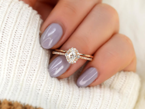 0.50ct Bridgette 6x4mm & Plain Band 14kt Moissanite Diamond Unique Halo Bridal Set,Oval Wedding Ring Set,Oval Engagement Ring Set