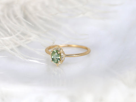0.64ct Mini Mae 14kt Mint Tea Teal Sapphire Diamond Oval Halo Ring,Unique Sapphire Ring,Sapphire Halo Ring,Green Sapphire Engagement Ring