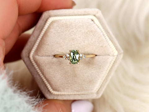 0.92ct Juniper 14kt Green Tea Sapphire Cluster Ring,Anniversary Gift,Green Sapphire Ring,Unique Ring,Anniversary Ring,Gift For Her,Push Gift