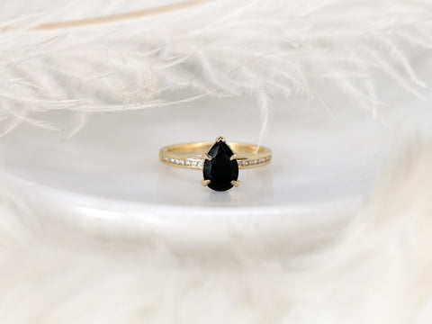 Georgina 9x6mm 14kt Onyx Diamond Pear Hidden Halo Ring,Onyx Hidden Halo Ring,Onyx Engagement Ring,Anniversary Ring,Unique Onyx Ring