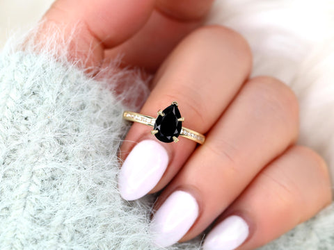 Georgina 9x6mm 14kt Onyx Diamond Pear Hidden Halo Ring,Onyx Hidden Halo Ring,Onyx Engagement Ring,Anniversary Ring,Unique Onyx Ring