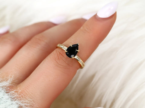 Georgina 9x6mm 14kt Onyx Diamond Pear Hidden Halo Ring,Onyx Hidden Halo Ring,Onyx Engagement Ring,Anniversary Ring,Unique Onyx Ring