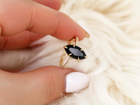 LOW Velma 14x7mm 14kt Onyx Marquise Hidden Halo Ring,Marquise Onyx Ring,Unique Black Engagement Ring,Onyx Wedding Ring,Black Pear Cut Ring