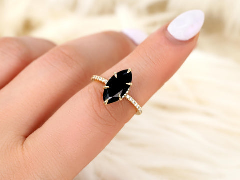 LOW Velma 14x7mm 14kt Onyx Marquise Hidden Halo Ring,Marquise Onyx Ring,Unique Black Engagement Ring,Onyx Wedding Ring,Black Pear Cut Ring